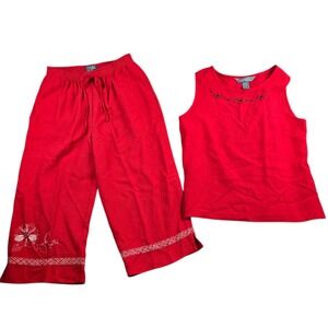 Y2K Koret Petite 2 Piece Capri Pant Set Women PS Red Floral Beaded Tank Crop